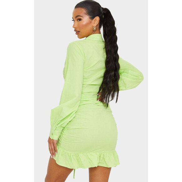 PrettyLittleThing Women's Lime Long Sleeve Ruched Frill Hem Shirtdress NWT US 8 - Picture 9 of 9